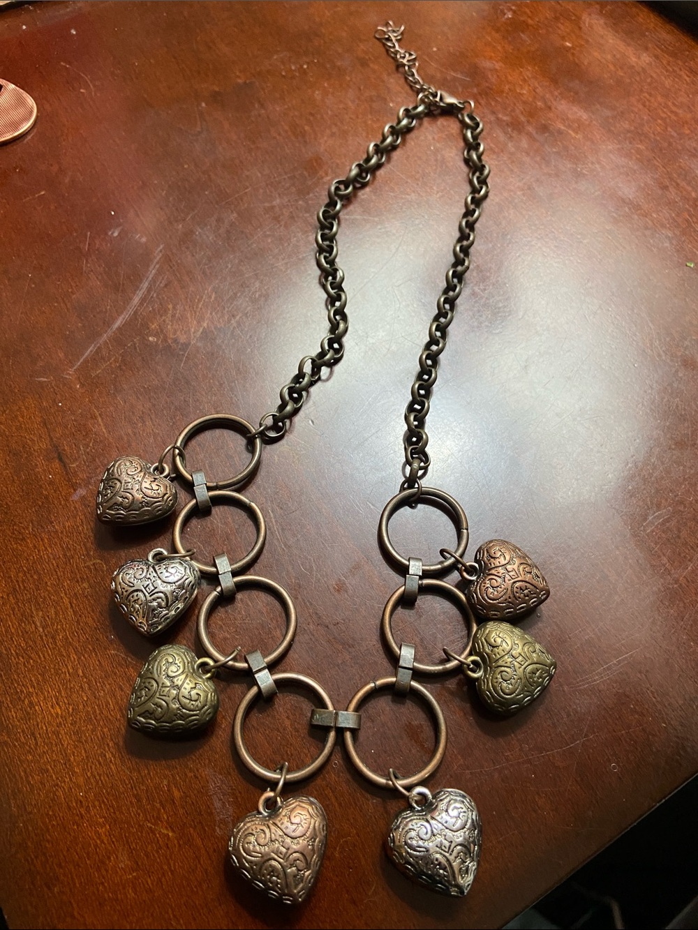Mixed Metal Heart Charm Statement Necklace - Bronze and Silver Tones